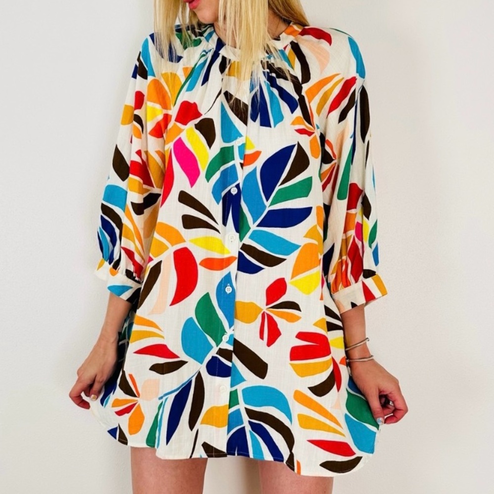 tabitha brown botanical dress Target Print Puff Sleeve Mini Tunic Floral Women M flowy summer dress